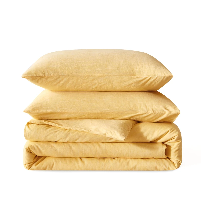 BFS HOME Stonewashed Cotton/Linen King Duvet Cover, 3-Piece Comforter Cover Set, Breathable and Skin-Friendly Bedding Set (Mustard Yellow, King)