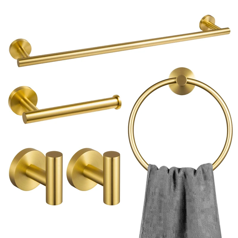 5-Piece Bathroom Hardware Set Brushed Gold, Lava Odoro Towel Rack Set Stainless Steel Wall Mounted - Include 23.6 in Bath Towel Bar, 2 Robe Towel Hooks, Toilet Paper Holder and Towel Ring