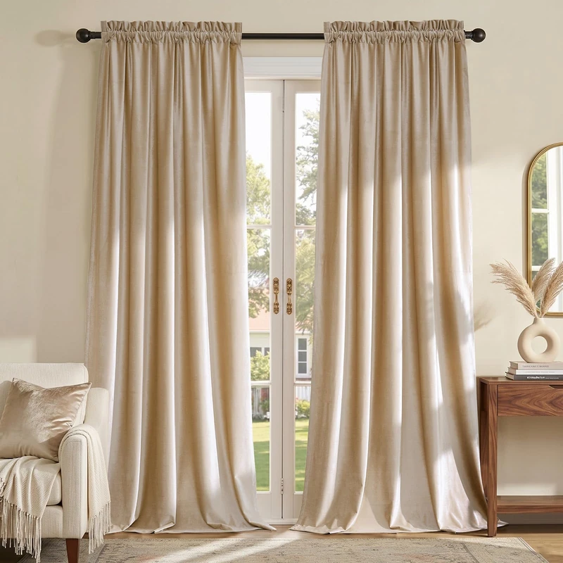 Primrose Blackout Curtains 108 inch for Living Room Velvet Rod Pocket Window Drapes Treatment Semi Room Darkening Decor Champagne Curtains for Bedroom Set of 2 Panels…