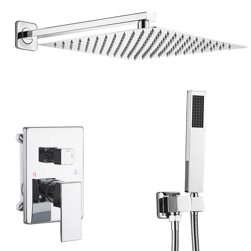 JingGang Polished Chrome Shower System 12 Inch Bathroom Luxury Rain Mixer Shower Combo Set Wall Mounted Rainfall Shower Head and Handheld System Shower Faucet Set Rough-in Valve Body and Trim Kit