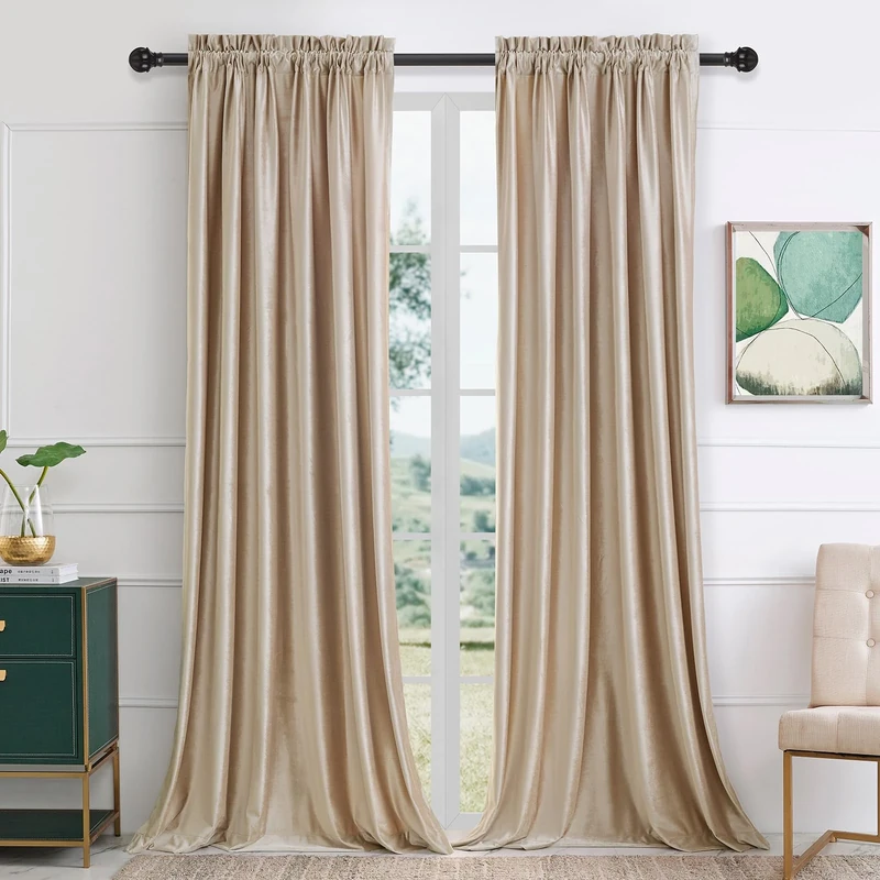 Primrose Blackout Curtains 96 inch for Living Room Velvet Rod Pocket Window Drapes Treatment Semi Room Darkening Decor Champagne Curtains for Bedroom Set of 2 Panels…