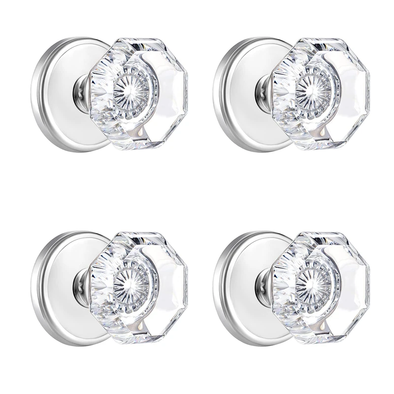 CLCTK 4 Pack Glass Dummy Door Knobs, Single Side Dummy Door Knob Set, Polished Chrome