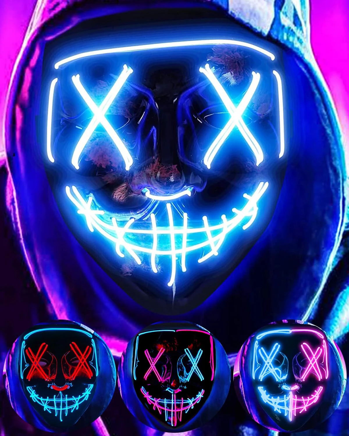 DWTECH LED Halloween Mask - Light Up Mask LED Masks EL Wire Scary Mask for Masquerade Cosplay Light Up Face Mask for Kids Men Women Halloween Festival Party (Blue)