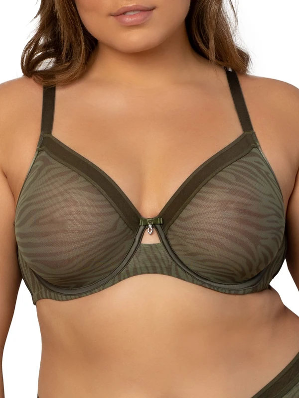 Curvy Couture Women's Sheer Mesh Full Coverage Unlined Underwire Bra, Olive Waves, 40H US