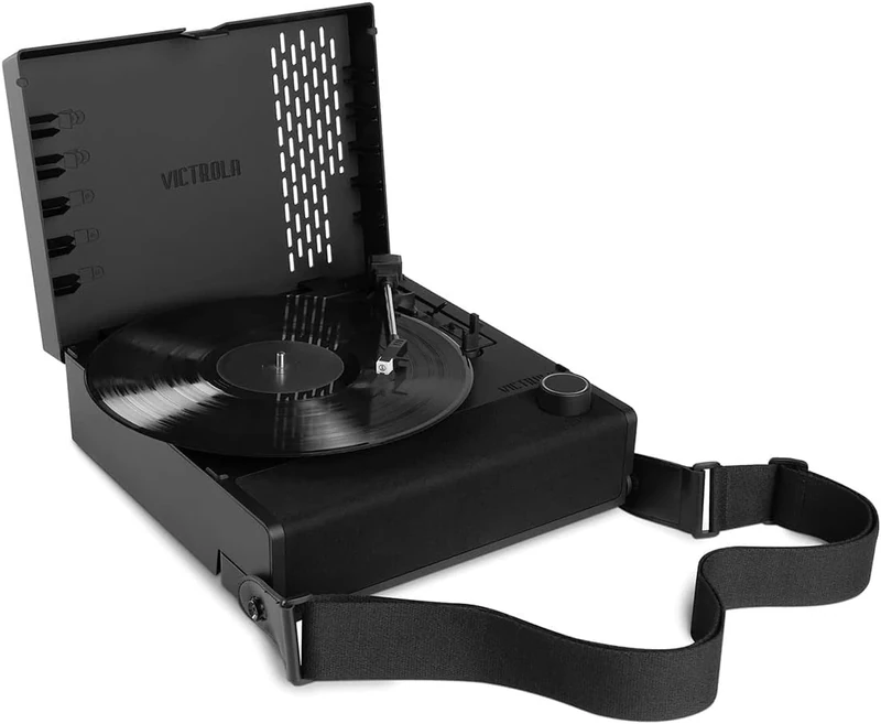 Victrola Revolution Go Portable Record Player – Dual Bluetooth Record Player with Rechargeable Battery, Vinyl Stream Technology and Audio Technica Cartridge, VSC-750SB, Black