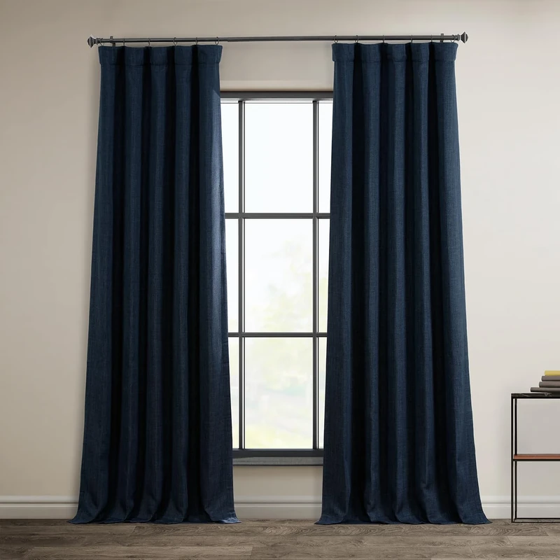 HPD Half Price Drapes Faux Linen Room Darkening Curtains - 96 Inches Long Luxury Linen Curtains for Bedroom & Living Room (1 Panel), 50W X 96L, Nightfall Navy