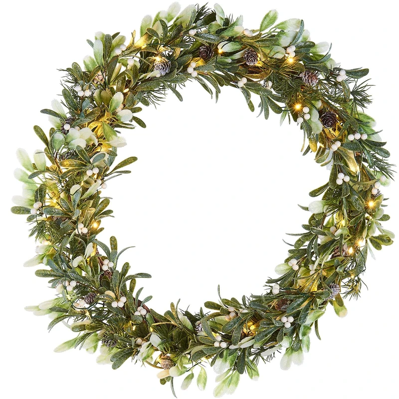 WeRChristmas Pre-Lit Frosted Mistletoe Wreath, 50 Warm White LED Lights, Green, 76 cm