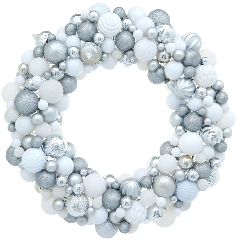 WeRChristmas Bauble Wreath, Silver and White, 60 cm