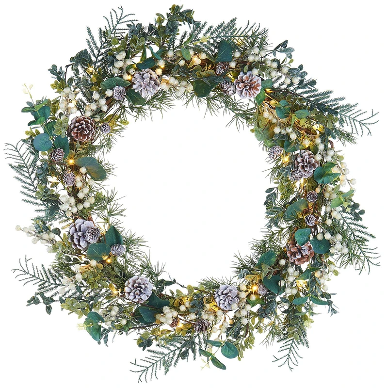WeRChristmas Pre-Lit Decorated Eucalyptus Wreath, 50 Warm White LED Lights