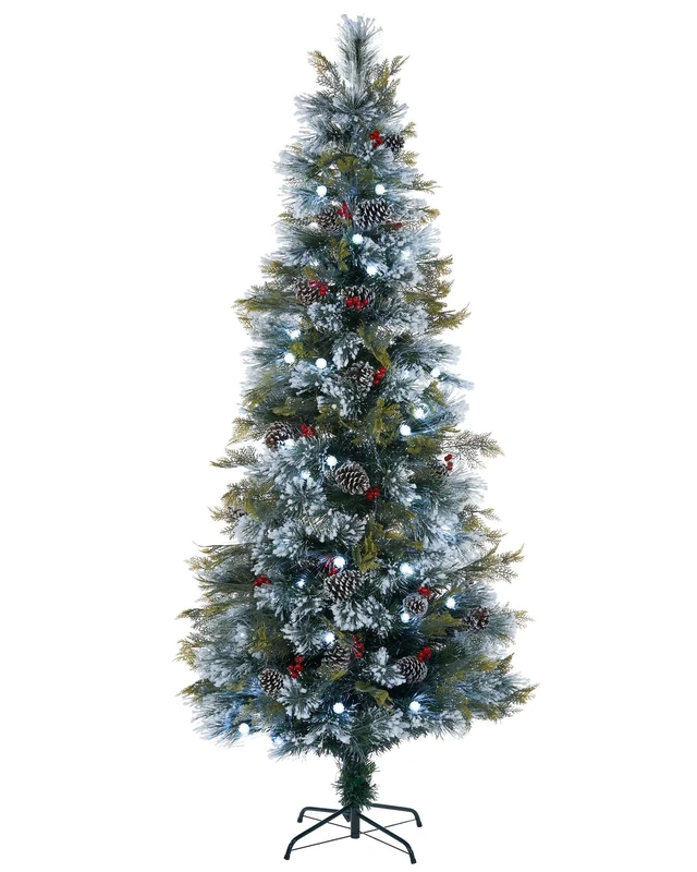 WeRChristmas Pre-Lit Snow Flocked Pinecone & Berries Fibre Optic Christmas Tree, White LED Lights, 6 ft / 180 cm