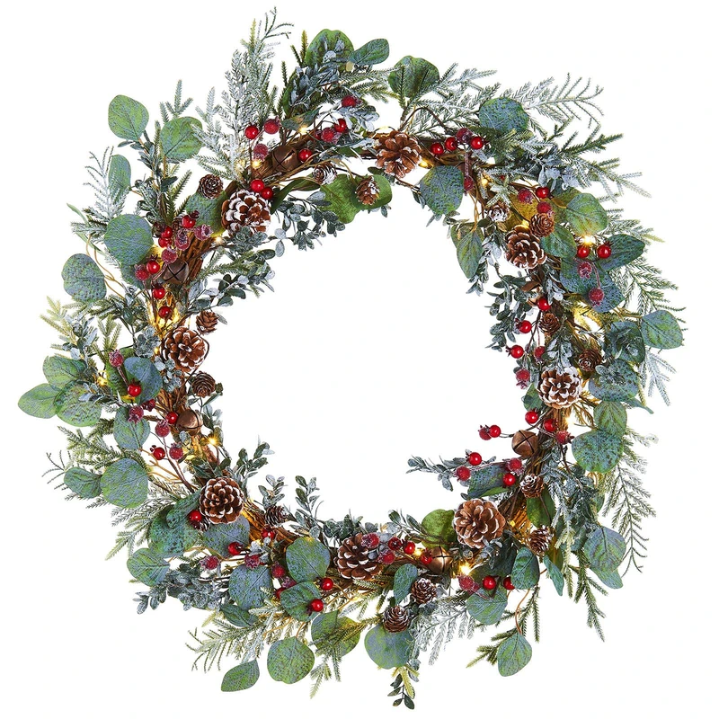 WeRChristmas Pre-Lit Eucalyptus Wreath & Berry, 50 Warm White LED Lights,Green,76 cm,WRC-10150