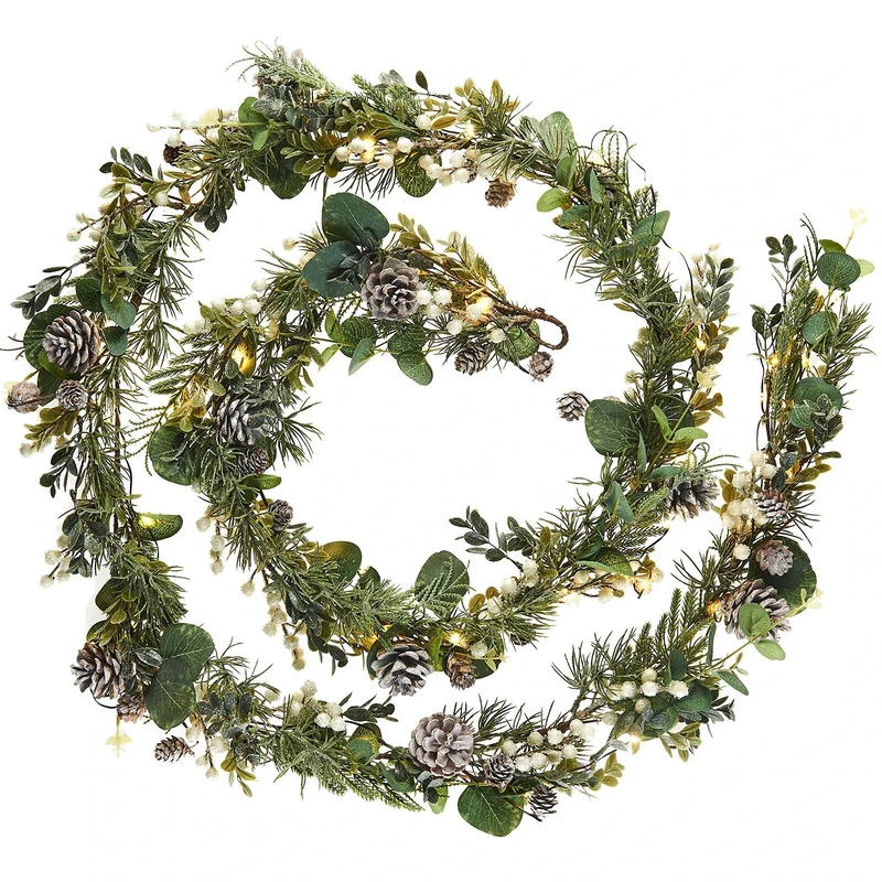 WeRChristmas Pre-Lit Decorated Eucalyptus Garland, 55 Warm White LED Lights, Green, 9 ft / 2.7 m