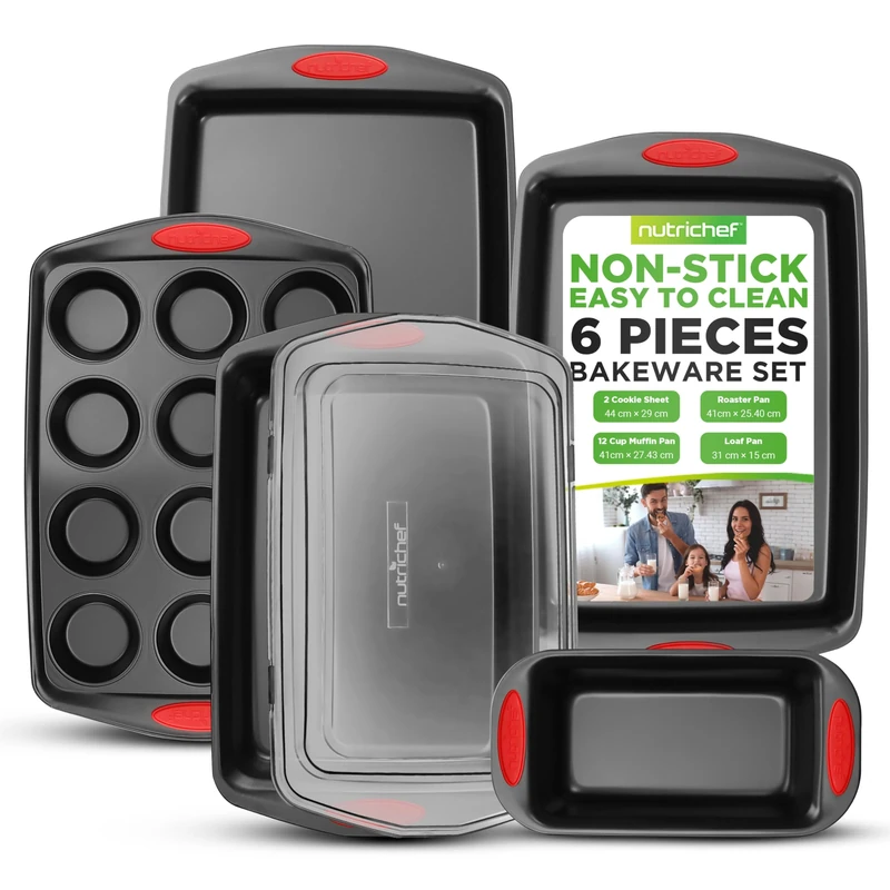 NutriChef Nonstick Bakeware Set with Red Silicone Handles, 6-Piece Carbon Steel Cookie Sheet Tray, PFOA PFOS PTFE Free Non Toxic Kitchenware for Baking Cakes Cookies Bread and Apartment Essentials