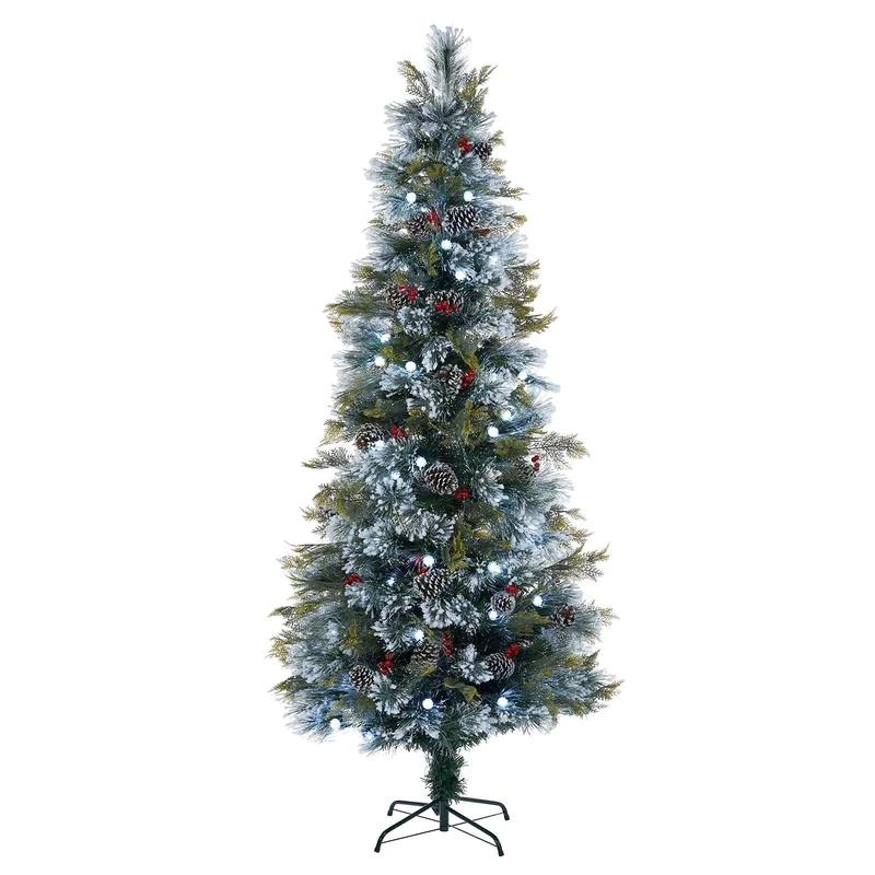 WeRChristmas Pre-Lit Flocked Pinecone & Berries Fibre Optic Christmas Tree, White LED Lights, 7 ft / 210 cm