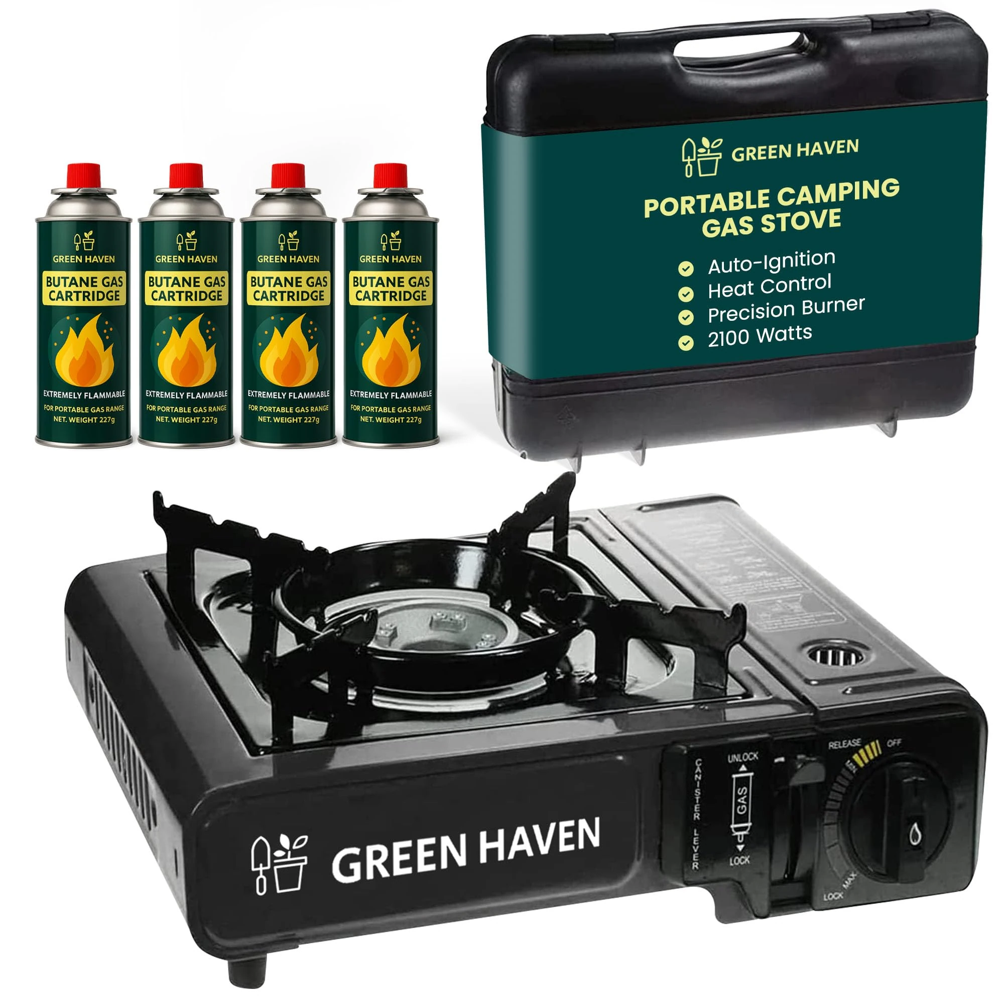 GREEN HAVEN Black Portable Camping Stove with Cary Case & 4 Butane Gas - Premium Camping Gas Stove, EN417 Compliant, Portable with Automatic Ignition & Heat Control
