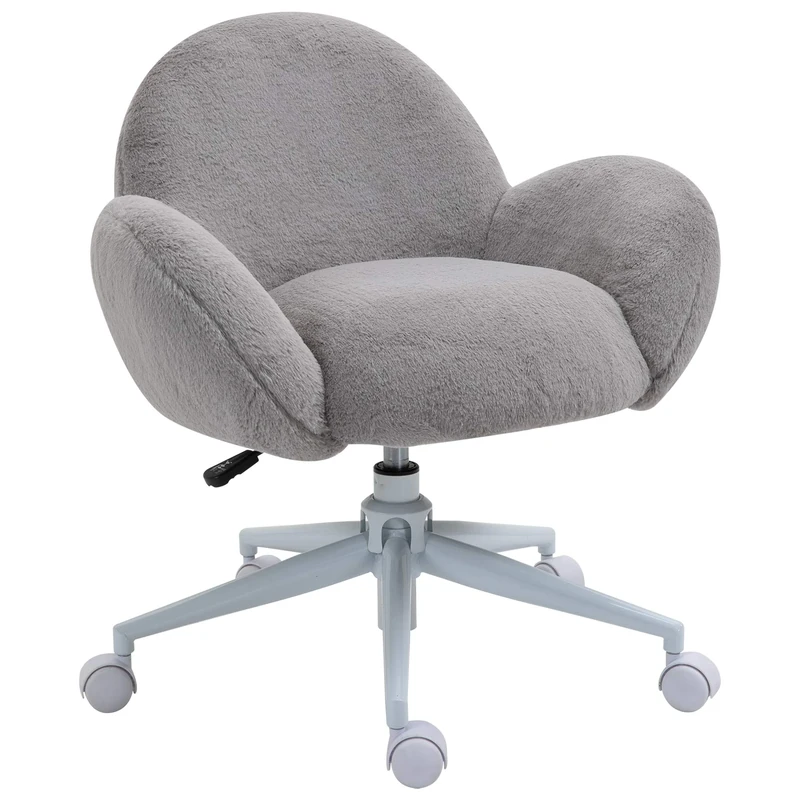 HOMCOM Fluffy Desk Chair, Cute Makeup Vanity Chair with Rolling Wheels for Home Bedroom Living Room, Grey