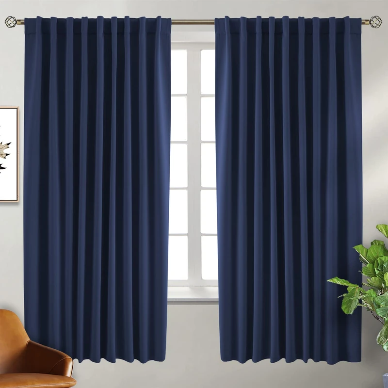 BGment Wide Blackout Curtains 63 inch - Rod Pocket and Back Tab Thermal Insulated Room Darkening Curtains for Living Room, 70 x 63 Inch, Navy Blue, 2 Window Panels