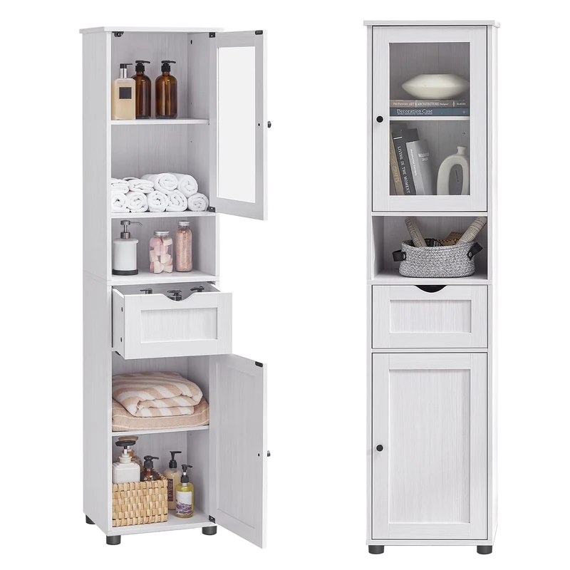 VASAGLE Tall Bathroom Cabinet Free Standing, Slim Bathroom Cupboard, with Open Shelf, Glass Door, Water-Resistant Feet, Height Adjustable Shelves, Space-Saving, Light Grey with Wood Grain BBK163T44