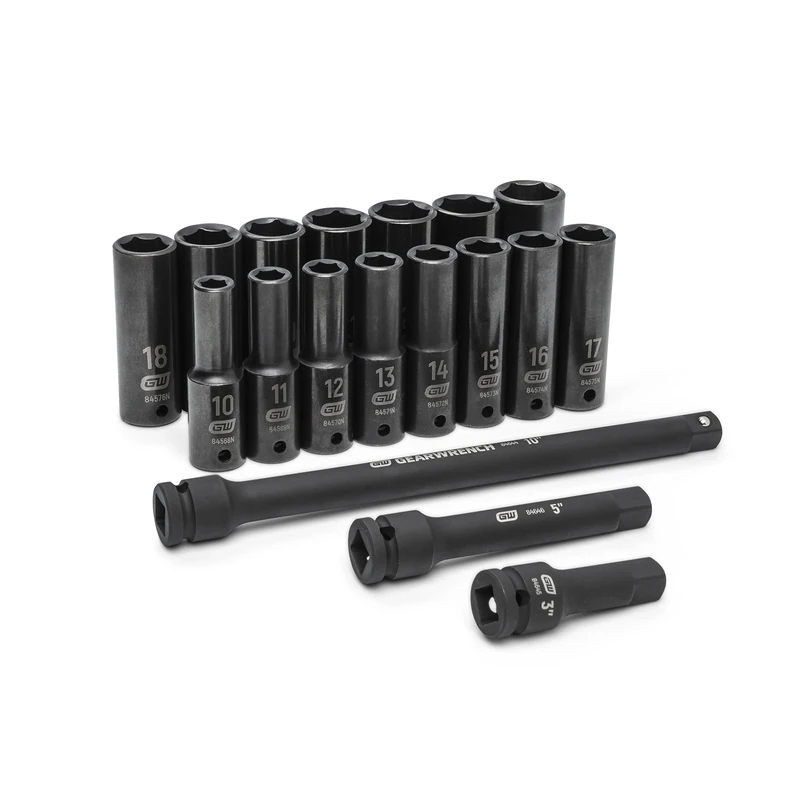 GEARWRENCH 18 Piece 1/2" Drive Deep Metric Impact Socket Set - 89096