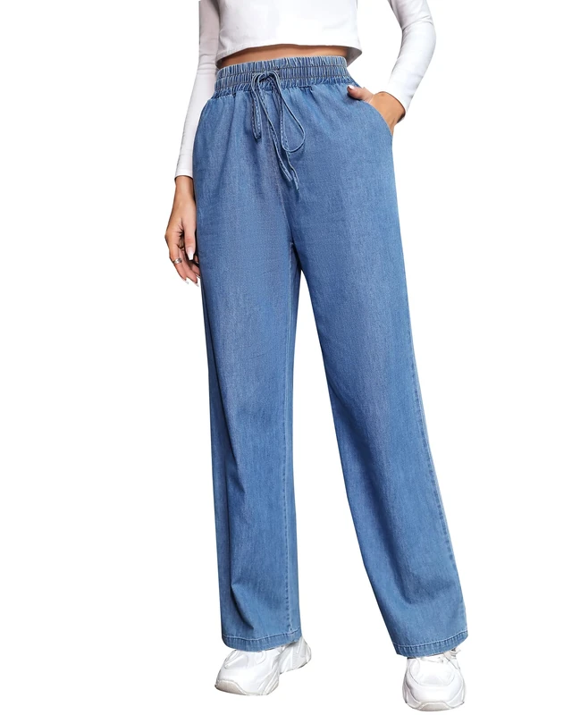 Love Welove Fashion Wide Leg Jeans for Women Elastic High Waisted Pull On Drawstring Baggy Denim Pants Plus Size 3XL, Light Weight Jeans Blue, XXL