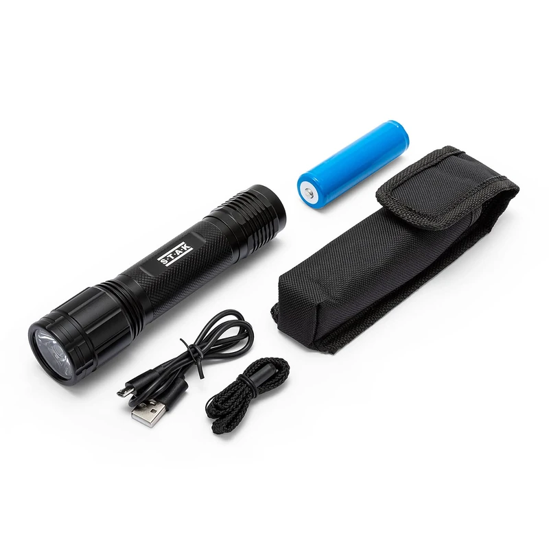 STAK Leopard: Rechargeable 20W LED Flashlight, 2000 lumens, with Tactical Phosphorescent Switch. IPX7 Waterproof. Made of Ultra-Resistant Aluminum.