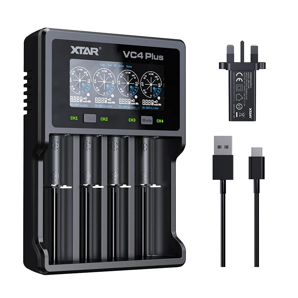 XTAR VC4 PLUS Battery Charger,included QC3.0 adapter charge Liion and Ni-MH battery at the same time 3A Fast Charger, 4 Bay Rechargeable Battery Charger (VC4 PLUS+ UK Adapter)