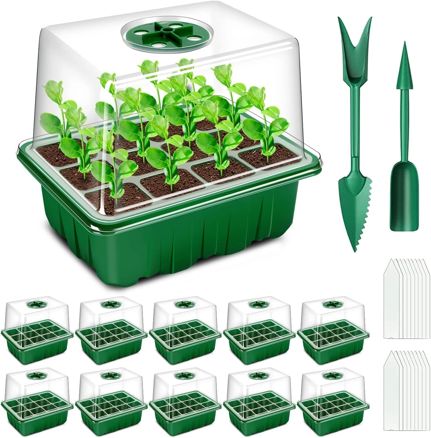 YAUNGEL Seed Trays, 10 Pack 120 Cells Propagator with Heightened Lids, Growing Thicken Seedling Starter Growing Trays with Adjustable Window for Greenhouse & Gardens, Green