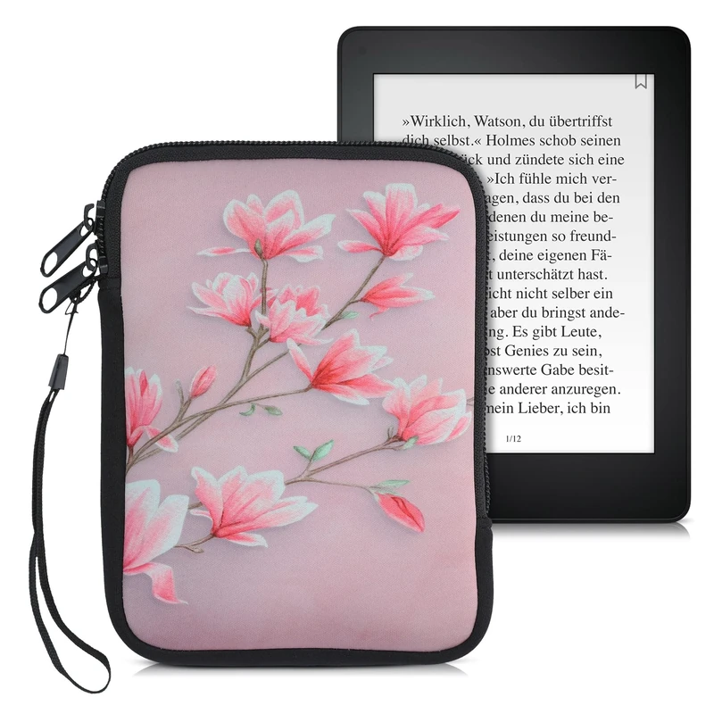 kwmobile Neoprene e-Reader Pouch Size 6" eReader - Universal eBook Sleeve Case with Zipper, Wrist Strap - Pink/White/Dusty Pink