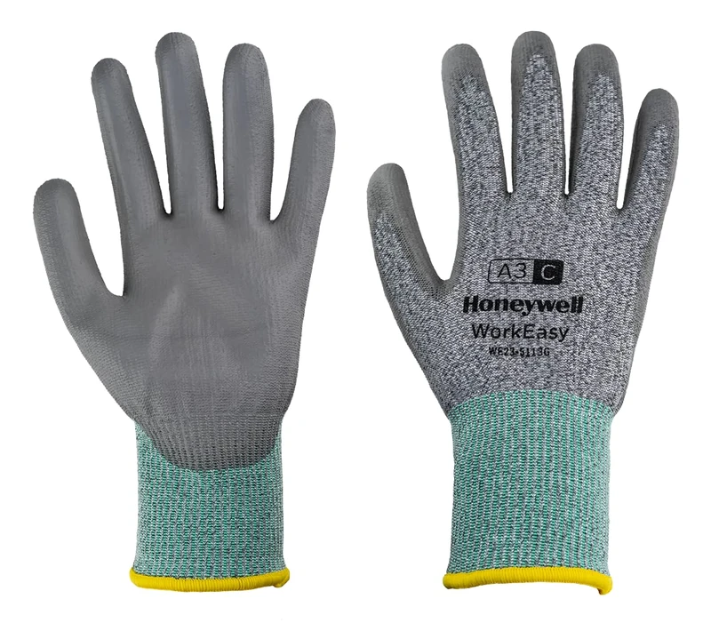 Honeywell WorkEasy Cut Protective Gloves WE23-5113G, Cut Level A3 C, Green/Grey Colour, Lightweight, Glass Fiber Knit, Medium Grey Polyurethane Coating, Size 7/S (Pack of 10 Pairs)