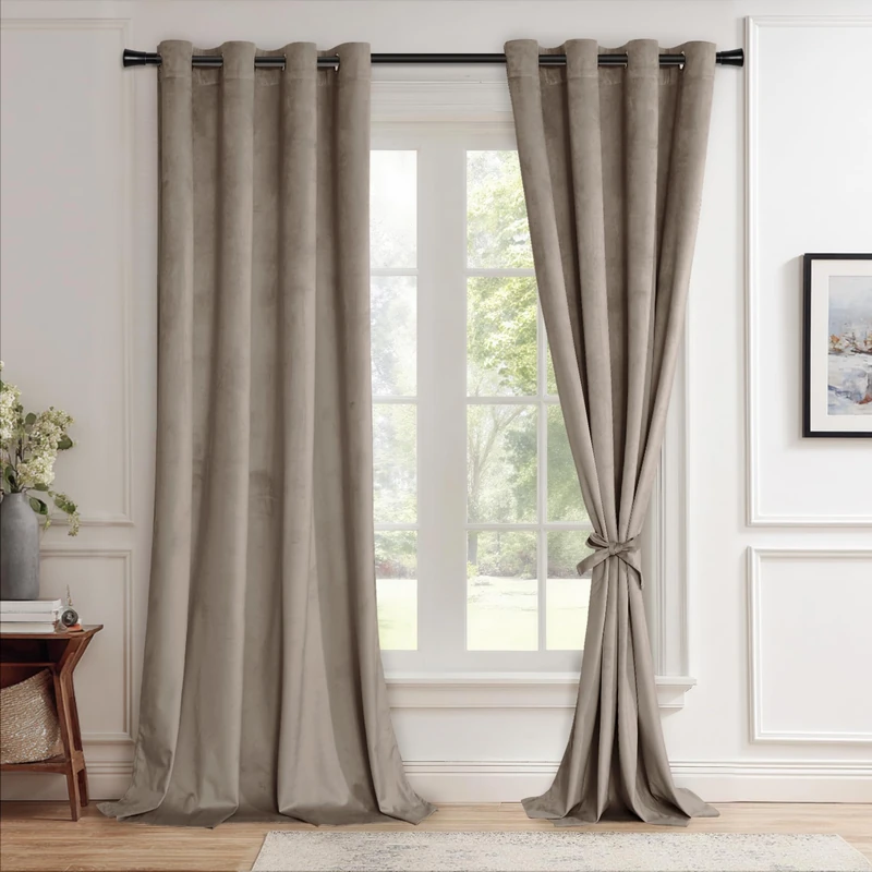 JIUZHEN Velvet Blcakout Curtains for Bedroom - 84 inches Thermal Insualted Room Darkening Grommet Window Drapes for Bedroom/Ofiice/Party, Set of 2 Panels with Tiebacks, 52W x 84L, Taupe