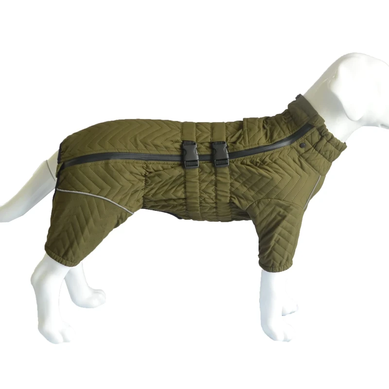 Warm Dog Coat Double Layers Dog Vest, 4 Legs Covered Windproof Waterproof Reflective, Olive 4XL