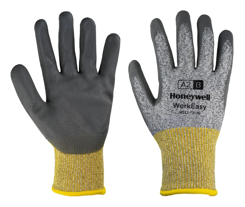 Honeywell WE22-7313G WorkEasy Cut Protective Gloves Cut Level A2/B, Yellow/Grey Colour, Lightweight HPPE/Glass Fiber Knit, Dark Grey Microfoam Nitrile Coating, Size 9/L (Pack of 10 Pairs)