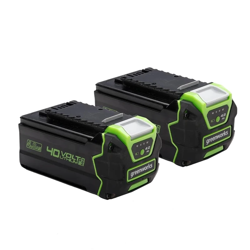 Greenworks 40V Battery Set of 2. Powerful 4Ah Lithium-Ion Batteries for All Greenworks 40V Garden and Power Tools. 3-Stage LED Charge Level. 2 Year Warranty. G40BK4X