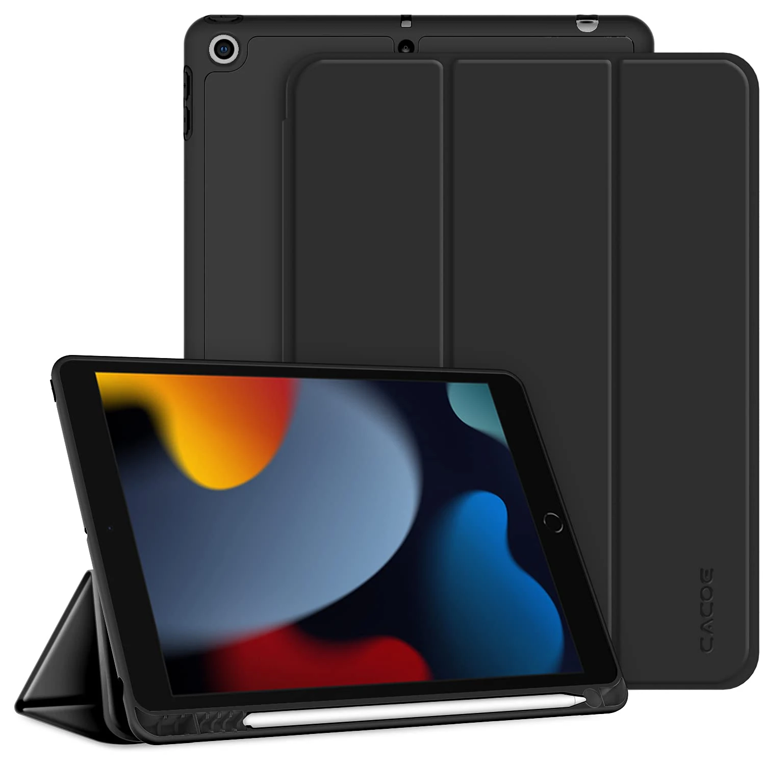 CACOE Case Compatible with iPad 9th/8th/7th Generation, 10.2 Inch Case with Pencil Holder, Soft TPU Back Cover Auto Wake/Sleep, Black