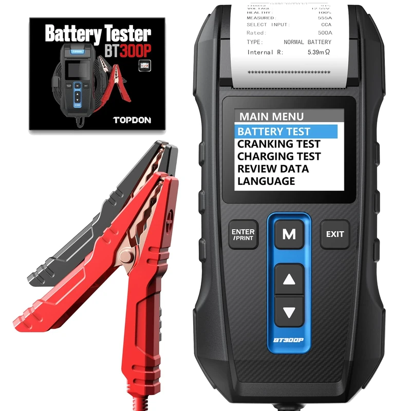 TOPDON Car Battery Tester BT300P-A, 12V 24V Battery Tester with Printer, with Battery Test, Cranking Charging Test for 100-2000CCA Batteries, Carrying Bag, 3 Rolls of Printing Paper Included