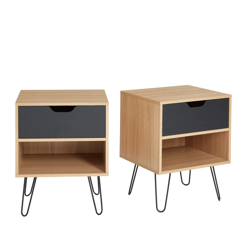 BAÏTA Set of 2 DUO bedside tables black and oak effect 40cm