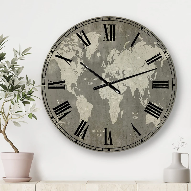 DesignQ Traditional Wall Clock 'Slate World Map I' Map Large Wall Clock for Living Room Decor