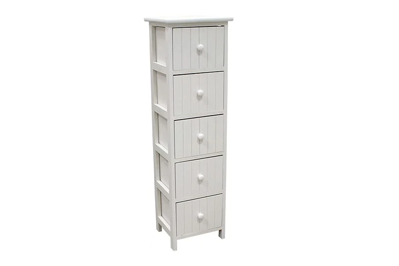 Narrow White Vertical Drawer – 5 Drawers – White Wood Drawer or Bedside Table with 5 Drawers Vertical Stripes. (27 × 23 × 92.5 cm)