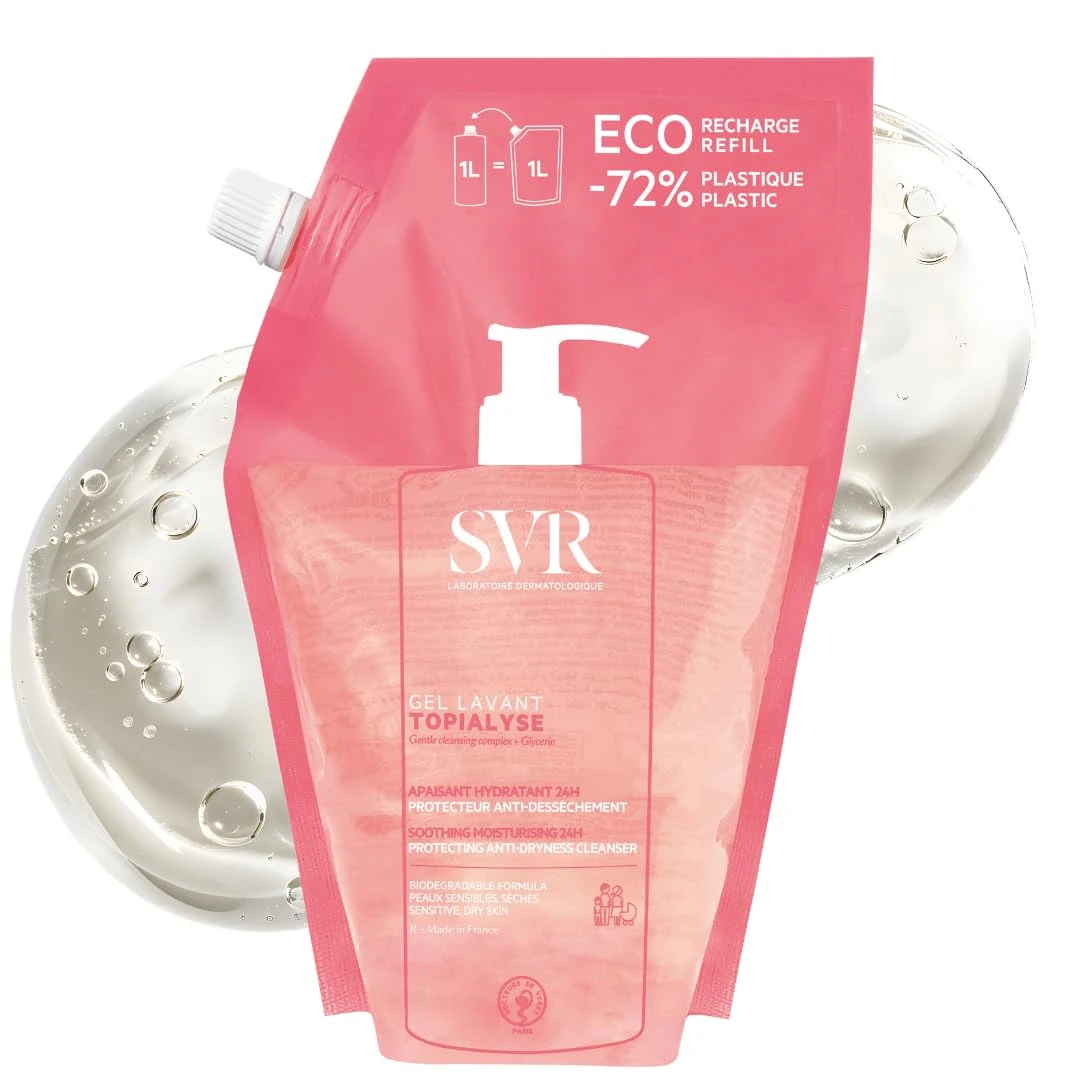 SVR TOPIALYSE Soothing Gentle Gel Wash for Face and Body, 24hr Hydrating Protective Bath/Shower Cleanser for Dry Sensitive Skin, Eco-Refill 1L…