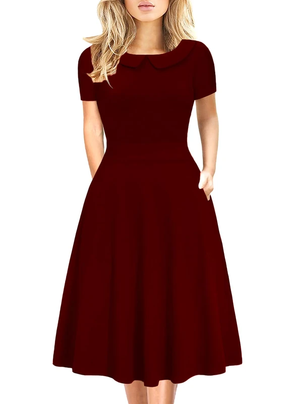 Women's Elegant Vintage Cotton Casual Floral Print Work Party Peter Pan Collar A-Line Dress with Pockets 978, Burgundy-1, XXL