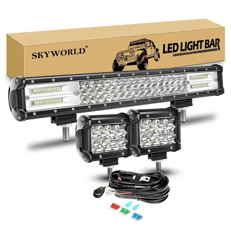SKYWORLD 20 inch 288W Tri-Row Spot Flood Combo LED Light Bar Work Driving Lamp + 2 x 36W 4 inch LED Pods Fog Lights with 12V Wiring Harness Kit for Truck Tractor 4x4 4WD Car ATV UTV SUV Vehicles