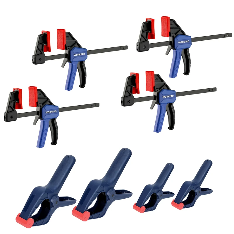 WORKPRO Clamp Set for Woodworking, 4-Pack 115 mm Mini Bar Clamps and 4-Pack Spring Clamps, Light-Duty with Max 23 kg Load Limit, One Handed