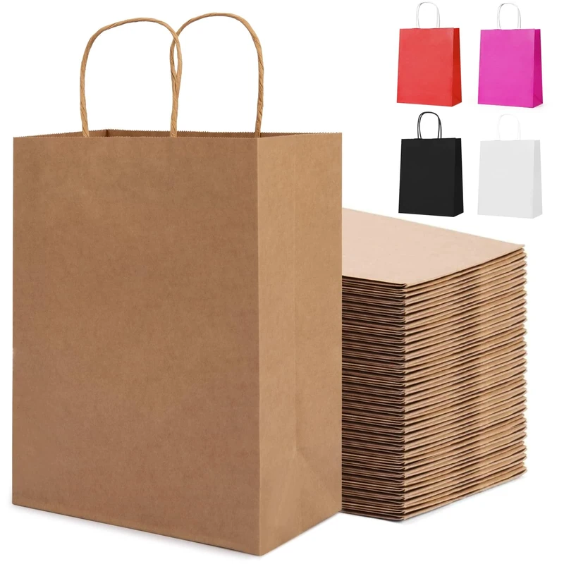 HAUSPROFI 25pcs Kraft Paper Bags for Gifts, Food & Sweets, Strong Carrier Bags with Twisted Handles for Kid Parties, Weddings, 27x21x11cm, Thicken 130gsm
