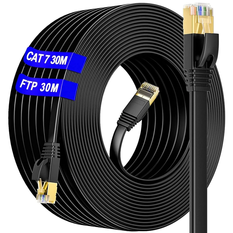 Ethernet Cable 30m Cat 7 Outdoor & Indoor, SSTP High Speed Internet Cable Flat 600MHz 10Gbps, Anti-Oxidation Waterproof Long Ethernet Cable 30m, RJ45 Lan Cable(30 Free Clips), For Router/Modem/Switch