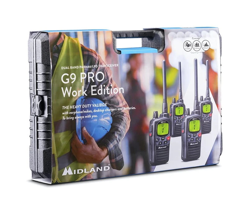 Midland - 4 G9 Pro Work Edition Walkie Talkies, 101 Channels (36 PMR446/69 LPD), Licence-Free Professional Walkie Talkie, 10km Range, IPX4 Waterproof, 18H Battery, Rechargeable Batteries & Accessories