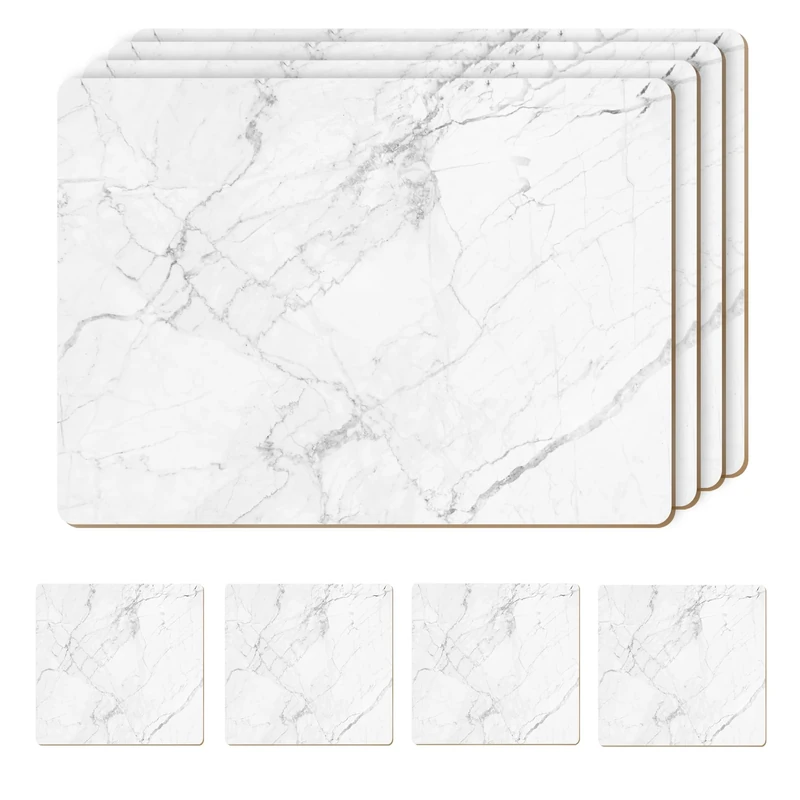 Moderry Set of 4 Heat Resistant Cork Placemats for Dining Table with Free Set of 4 Matching Drink Coasters Marble Design 16 x 12 Inches Cork Backed Hard Placemats (White Marble)