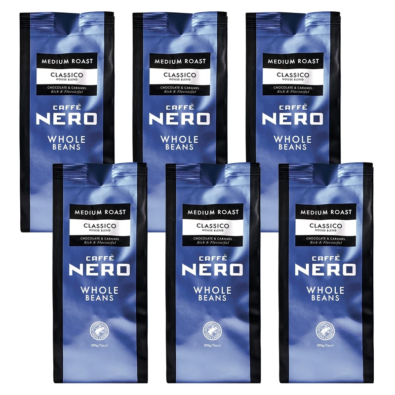 Caffè Nero - Classico Whole Roasted Coffee Beans (6 x 200g Bulk Pack, Classico Beans)