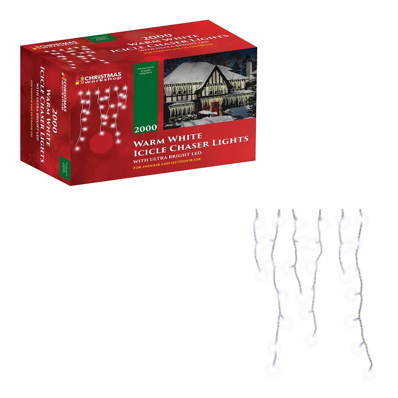 The Christmas Workshop Warm White Icicle LED Christmas Lights/Mains Powered with 8 Functions/Indoor or Outdoor Fairy Lights for Home, Weddings and Gardens (2000)