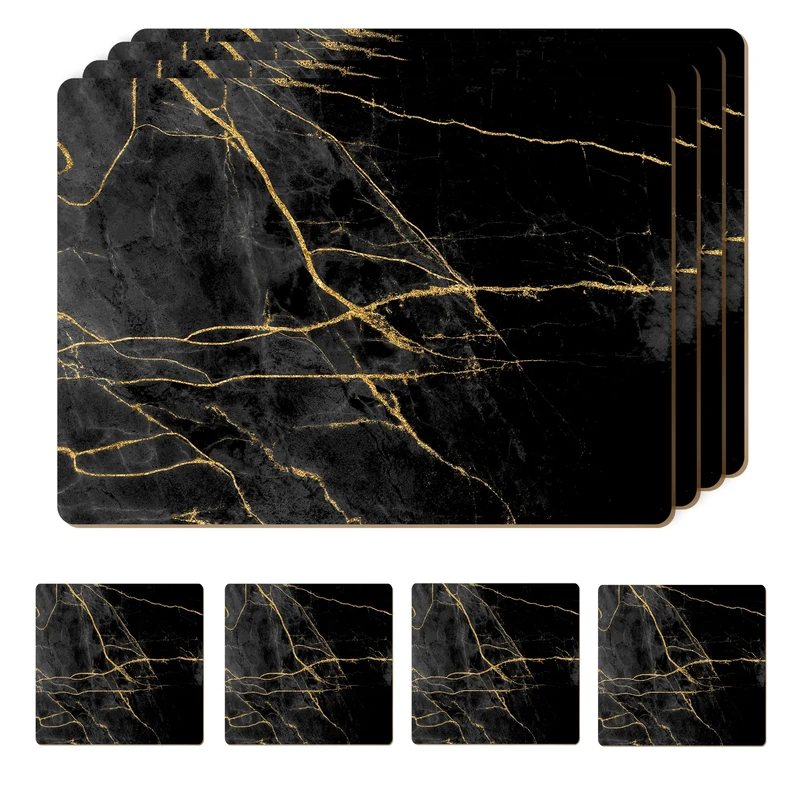 Moderry Set of 4 Heat Resistant Cork Placemats for Dining Table with Free Set of 4 Matching Drink Coasters - Marble Design 16 x 12 Inches Cork Backed Hard Placemats in Lacquered Finish