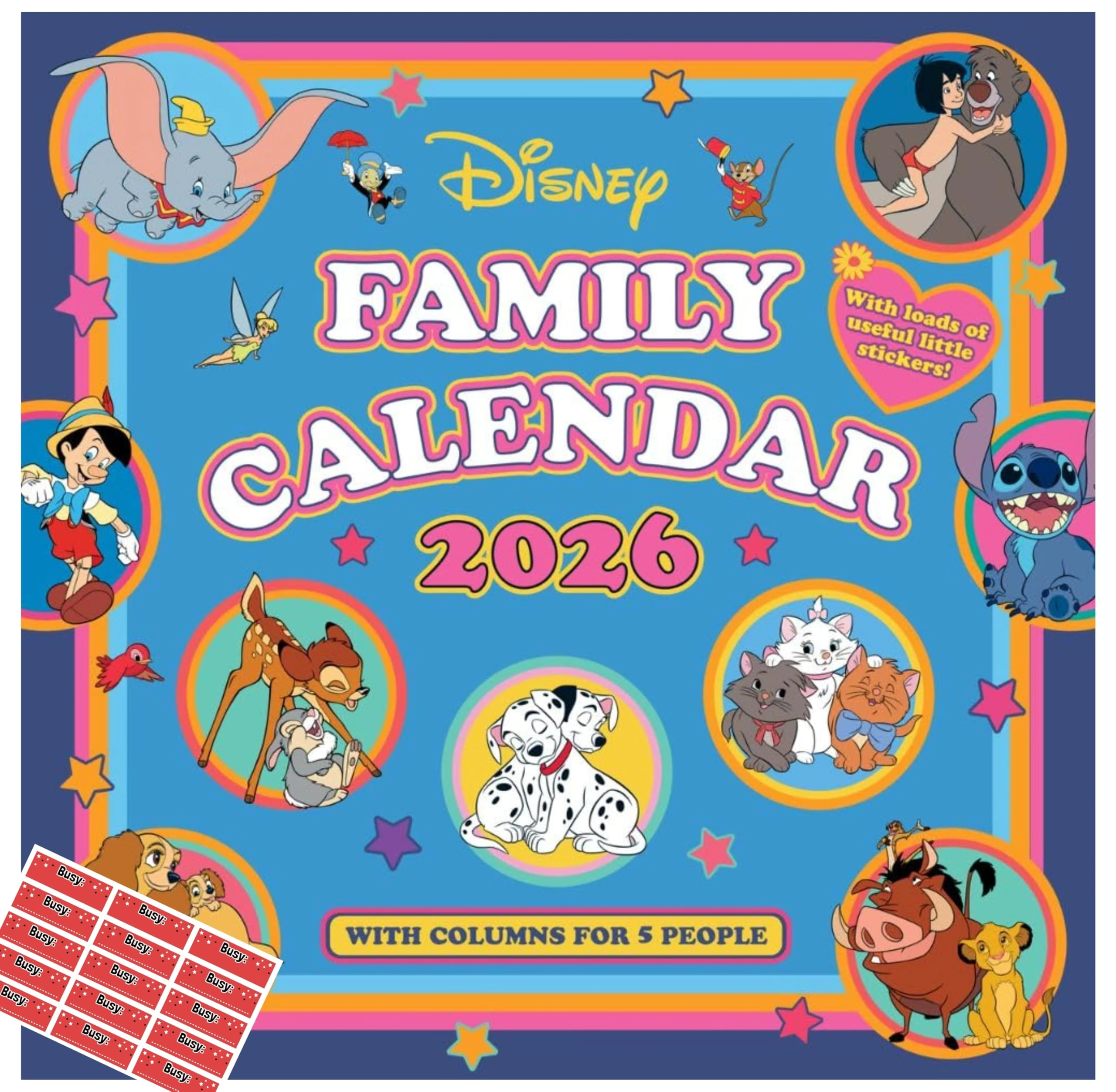 Disney Calendar 2026 Disney Classics Family Organiser 5 Columns Wall Calendar with Free Organising Stickers Included
